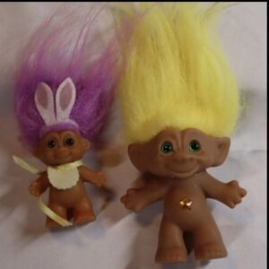Vintage Russ Trolls Dolls, 3” & 2 ¼“ Tall with Yellow & Purple Hair